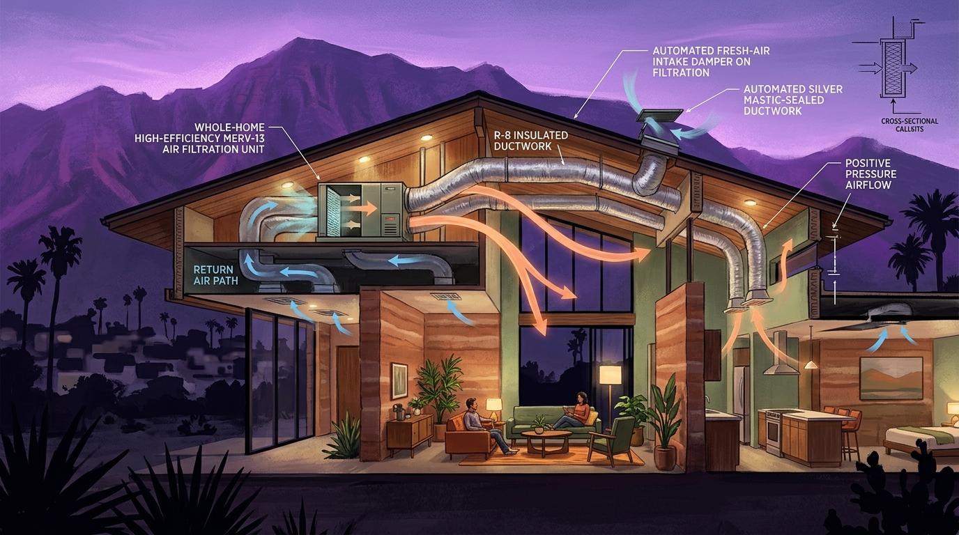 Artistic building acoustic and HVAC engineering cross-section diagram