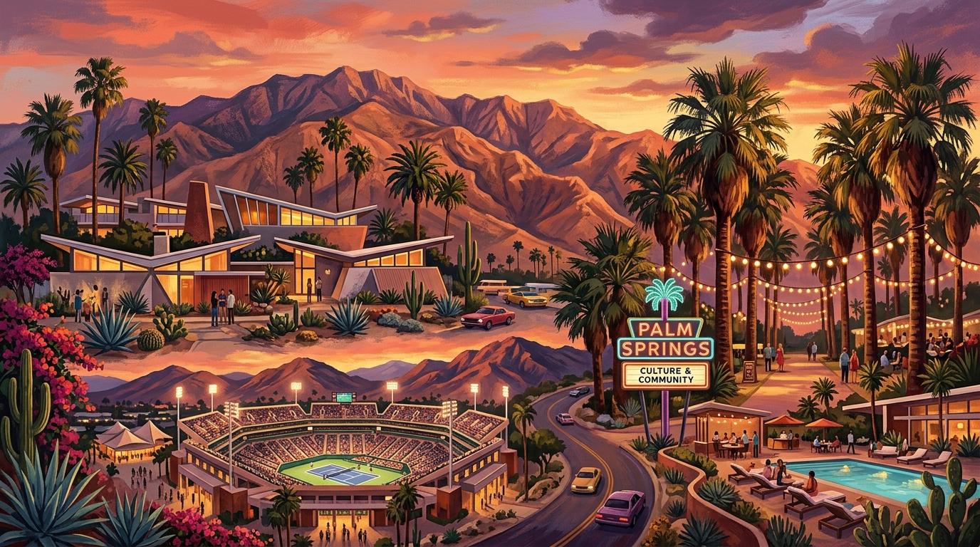 Artistic cultural landscape montage of Greater Palm Springs showing mid-century modern rooflines, tennis stadium, festival lights, and mountains