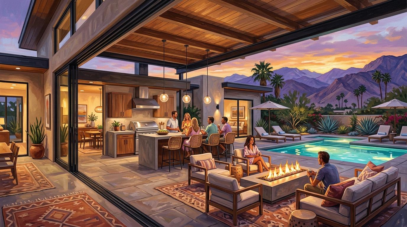 Artistic architectural outdoor entertaining vignette of a modern desert home patio with open California Room, BBQ kitchen, fire pit, and turquoise pool