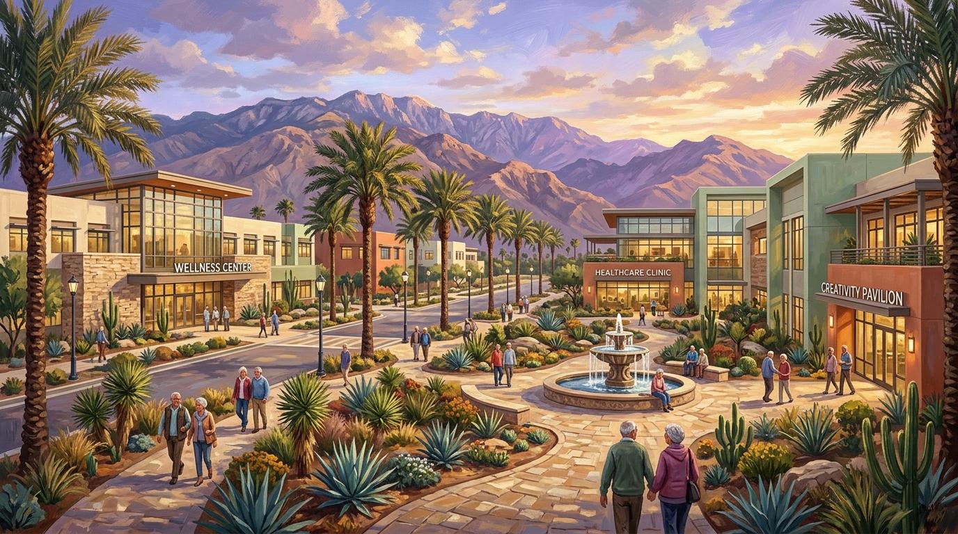 Artistic medical wellness and healthcare campus landscape in Greater Palm Springs with mountain backdrops