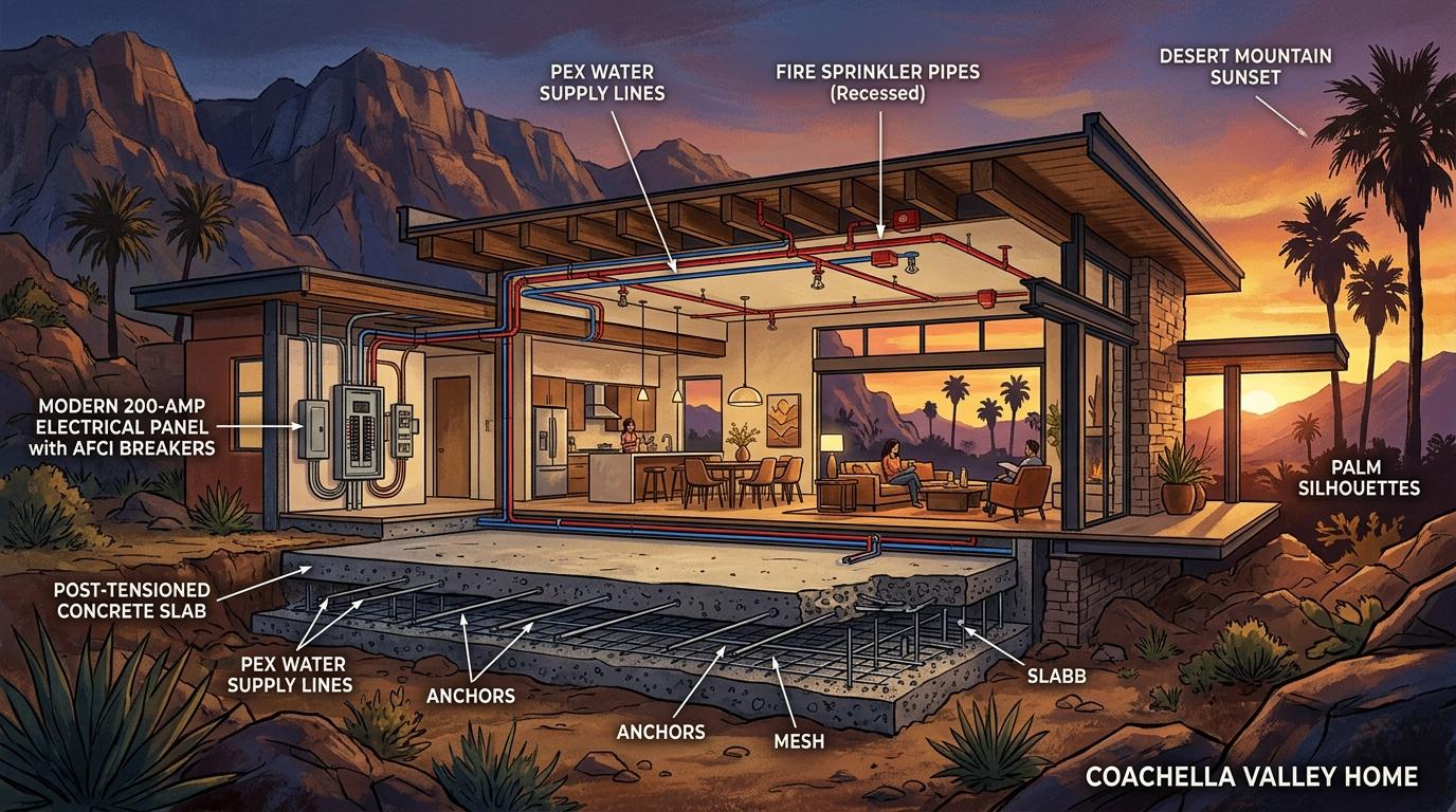 Artistic architectural cutaway of modern home safety engineering systems including fire sprinklers and PEX plumbing