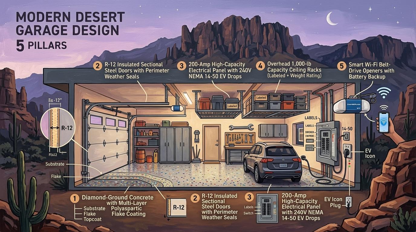 Artistic modern desert garage engineering diagram illustrating polyaspartic floor layering, R-12 insulated doors, 200-amp panels, and overhead storage
