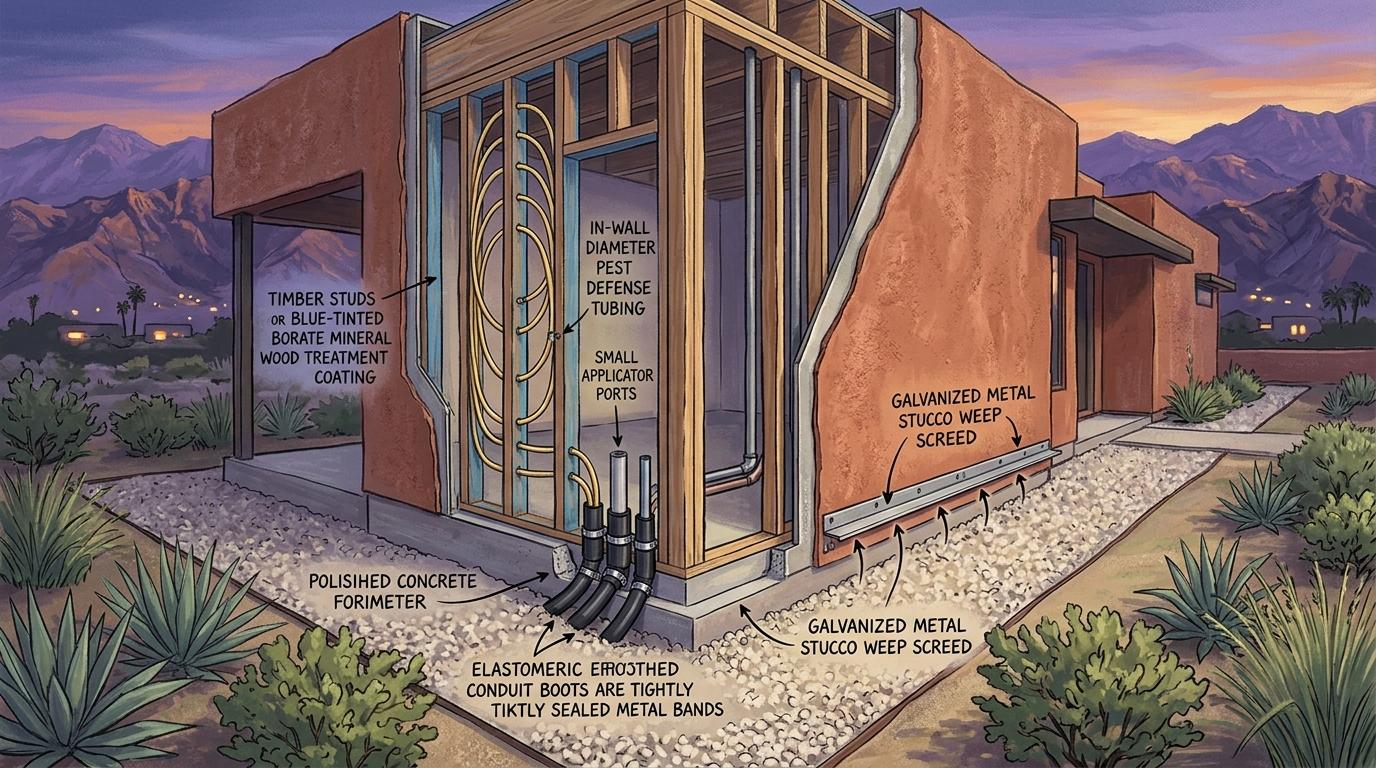 Architectural engineering cutaway illustration of modern desert home building science showing Taexx in-wall tubing, borate wood treatment, and weep screeds at twilight