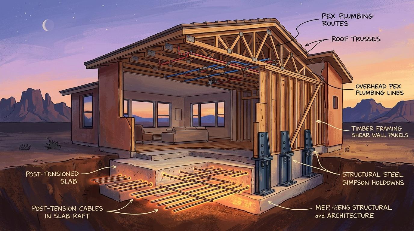 Artistic architectural engineering cutaway illustration highlighting post-tension slab tendons, Simpson holdowns, shear walls, and overhead PEX plumbing