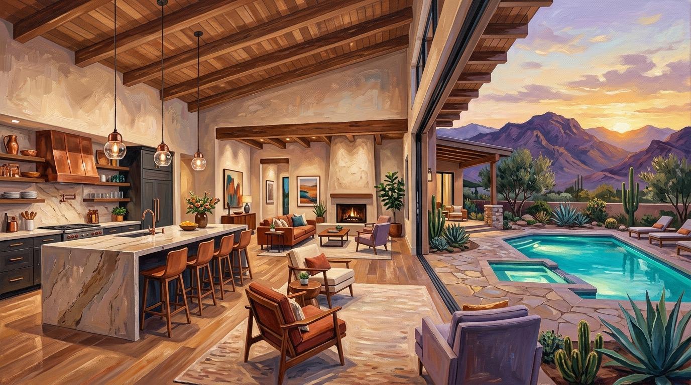 Artistic rendering of an open-concept great room and covered California Room patio overlooking a pool and mountains in a single-story desert home