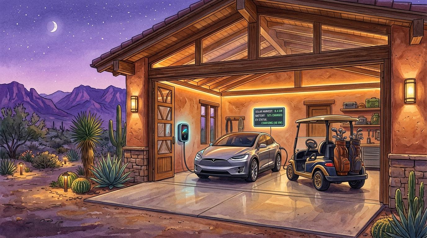 Artistic architectural smart garage perspective showing EV charging next to a golf cart with digital solar power monitor