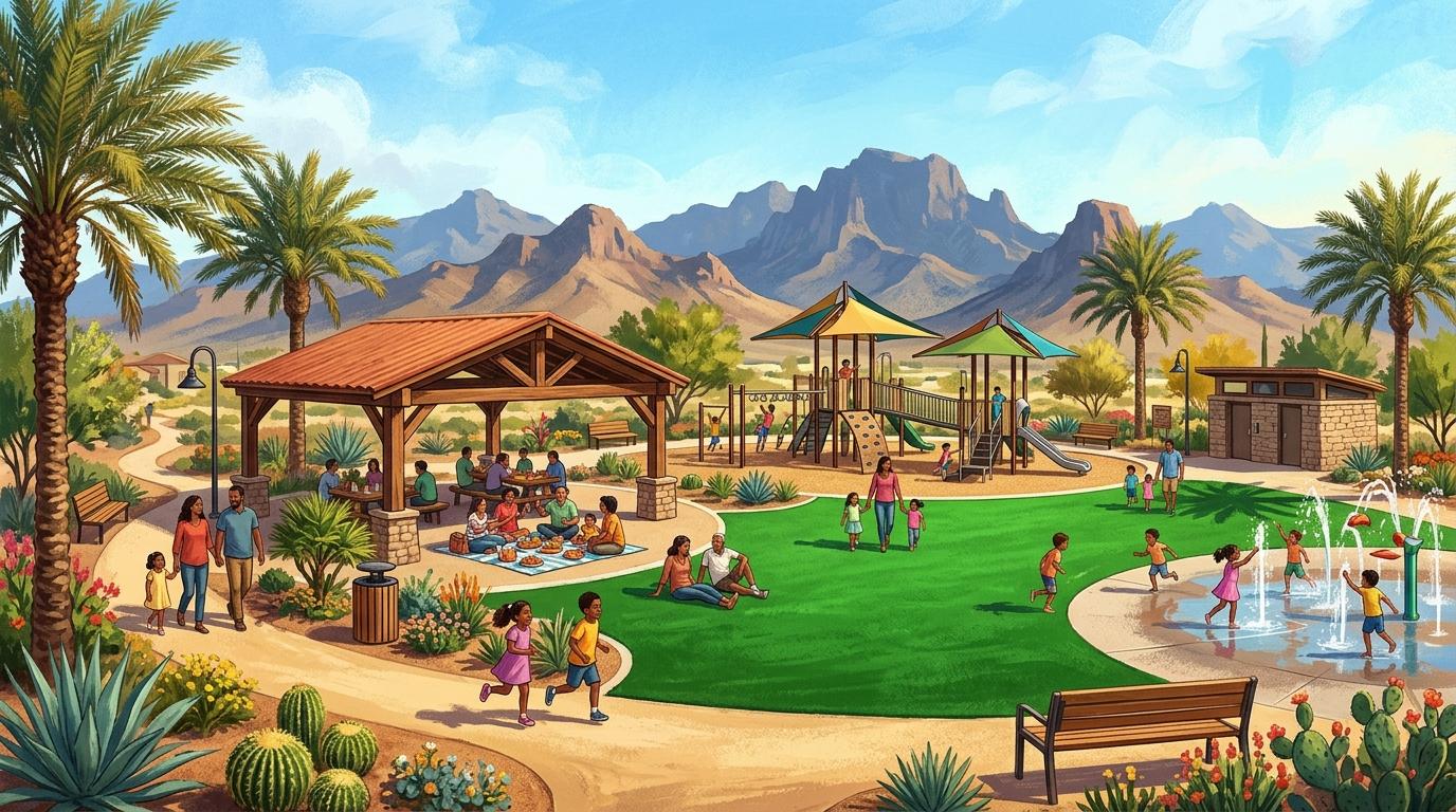 Artistic desert family community park with shaded playgrounds, splash water features, and mountain vistas