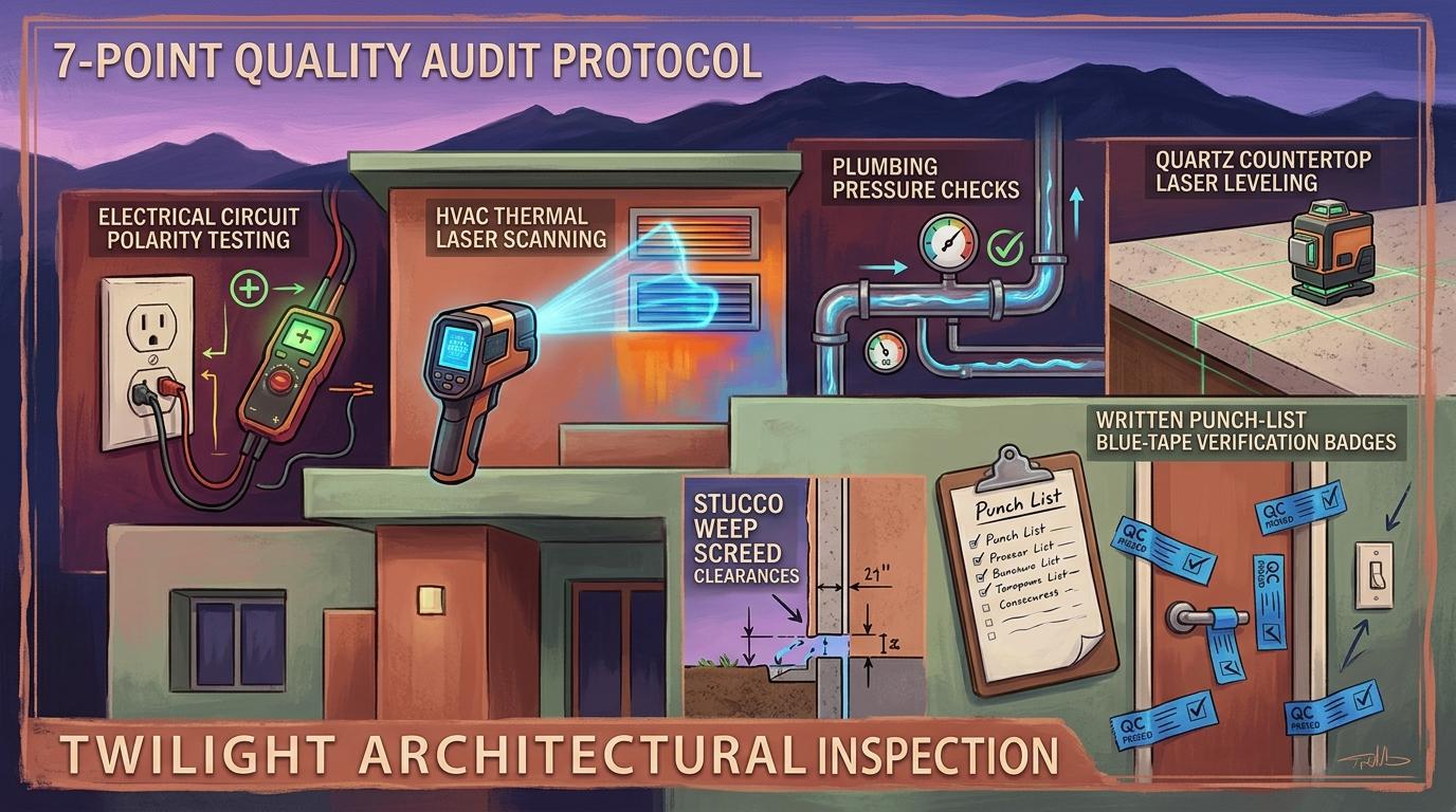 Artistic architectural quality inspection infographic diagram showing electrical polarity testing, HVAC thermal laser scanning, plumbing pressure checks, quartz leveling, and blue-tape badges
