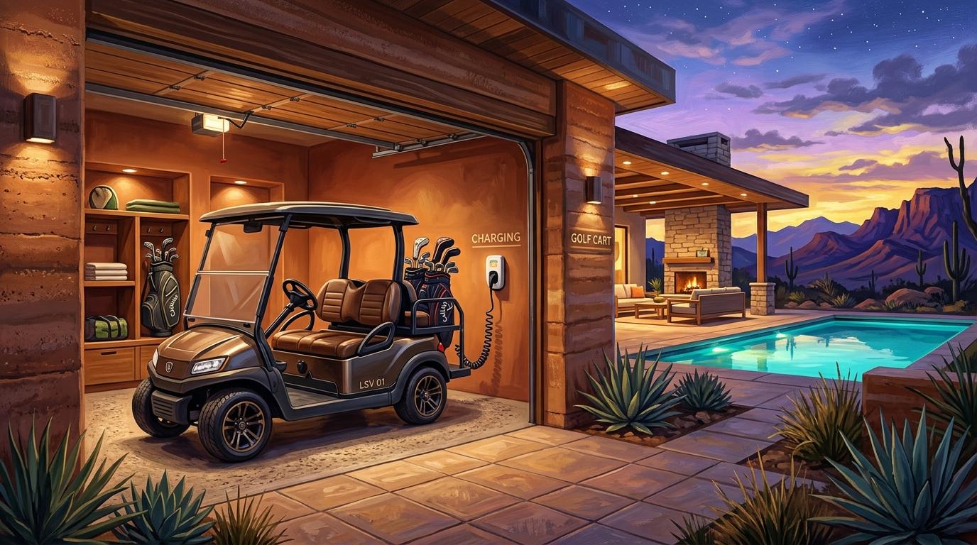 Artistic lifestyle vignette showing an electric LSV parked in a modern golf cart garage bay with charging cord and mountain sunset patio