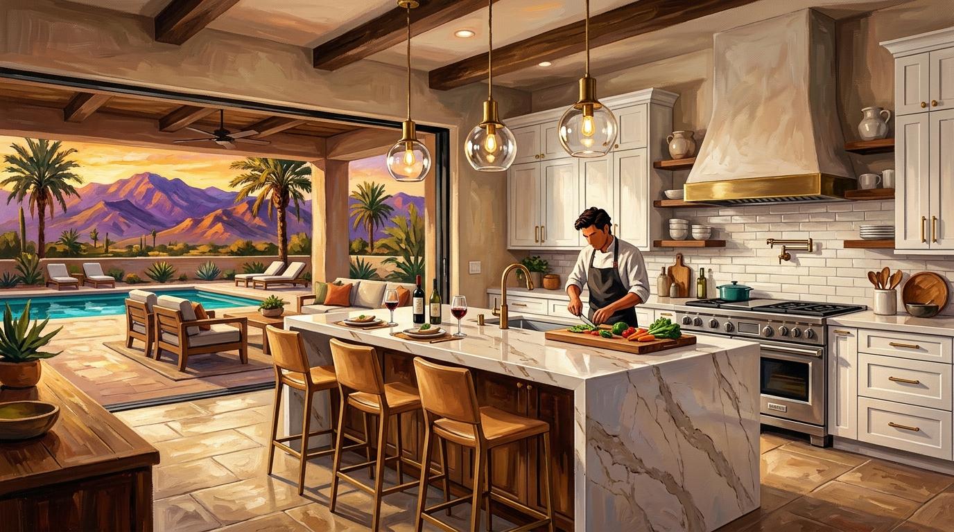 Gourmet Kitchen Design in Desert New Builds: Island Layouts, Walk-In Pantries, and Quartz Finishes