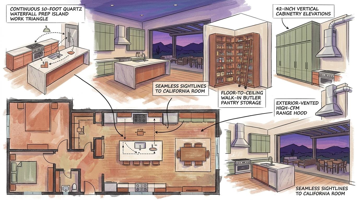 Artistic architectural kitchen design blueprint showing prep island work triangle, walk-in butler pantry, 42-inch cabinetry elevations, and California Room sightlines