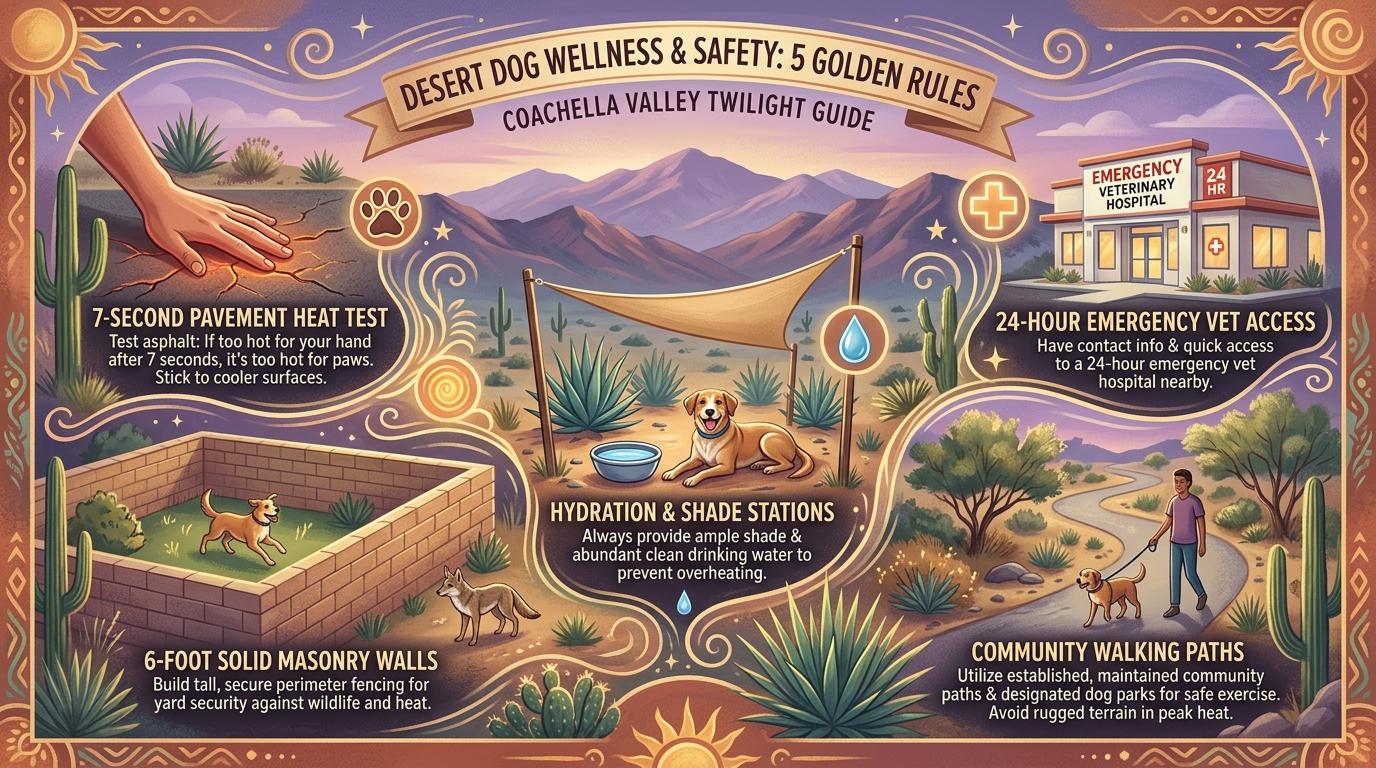 Artistic desert dog safety and wellness infographic guide illustrating the 5 golden rules of canine care in the Coachella Valley