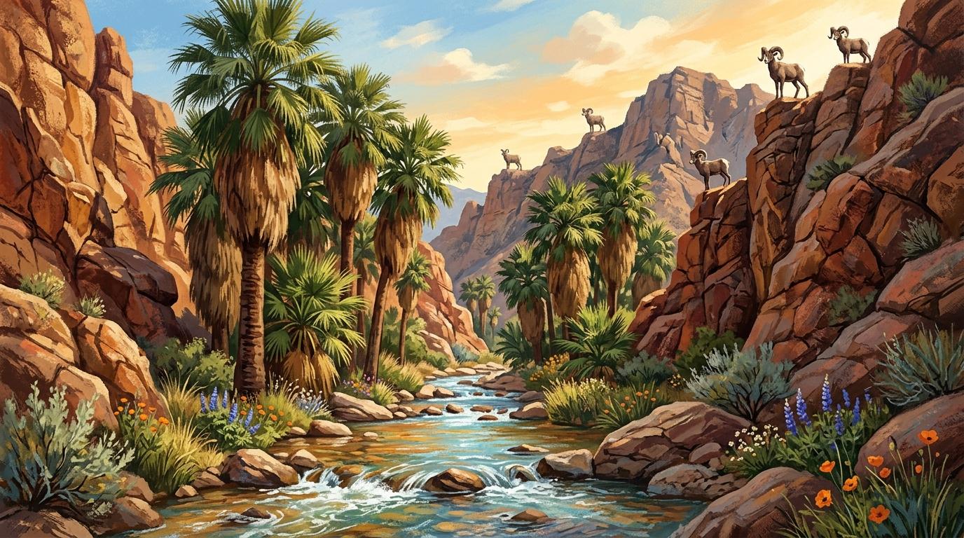 Artistic desert canyon oasis illustration with fan palms, rushing streams, and desert bighorn sheep