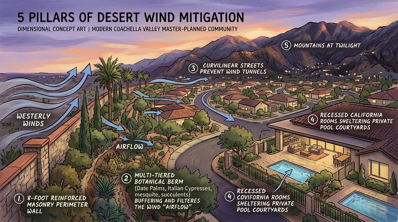 Artistic civil engineering diagram showing 8-foot masonry perimeter walls, botanical berms, curved street layouts, and recessed California Rooms