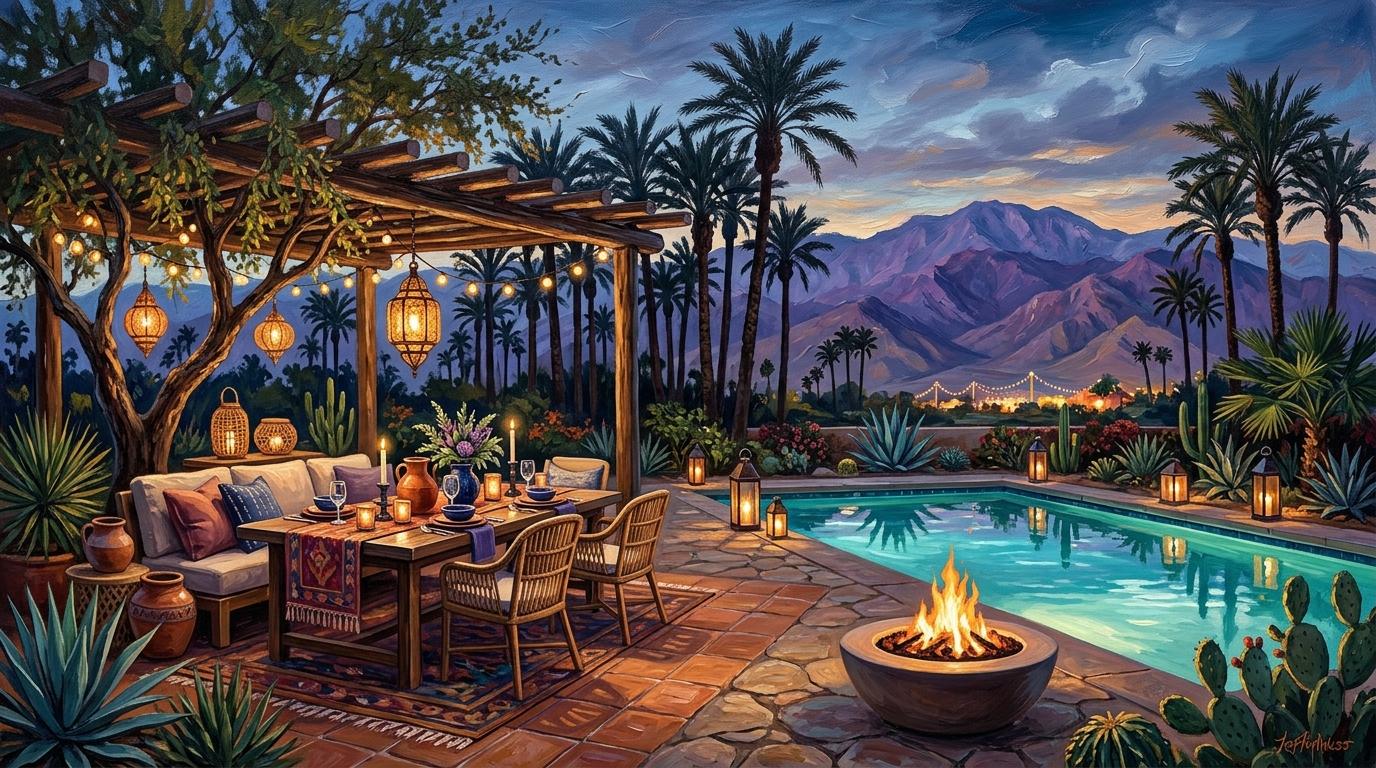 Artistic desert lifestyle vignette on a modern patio at Dolfina in Indio with dining table, pool, fire pit, lanterns, and twilight festival glow