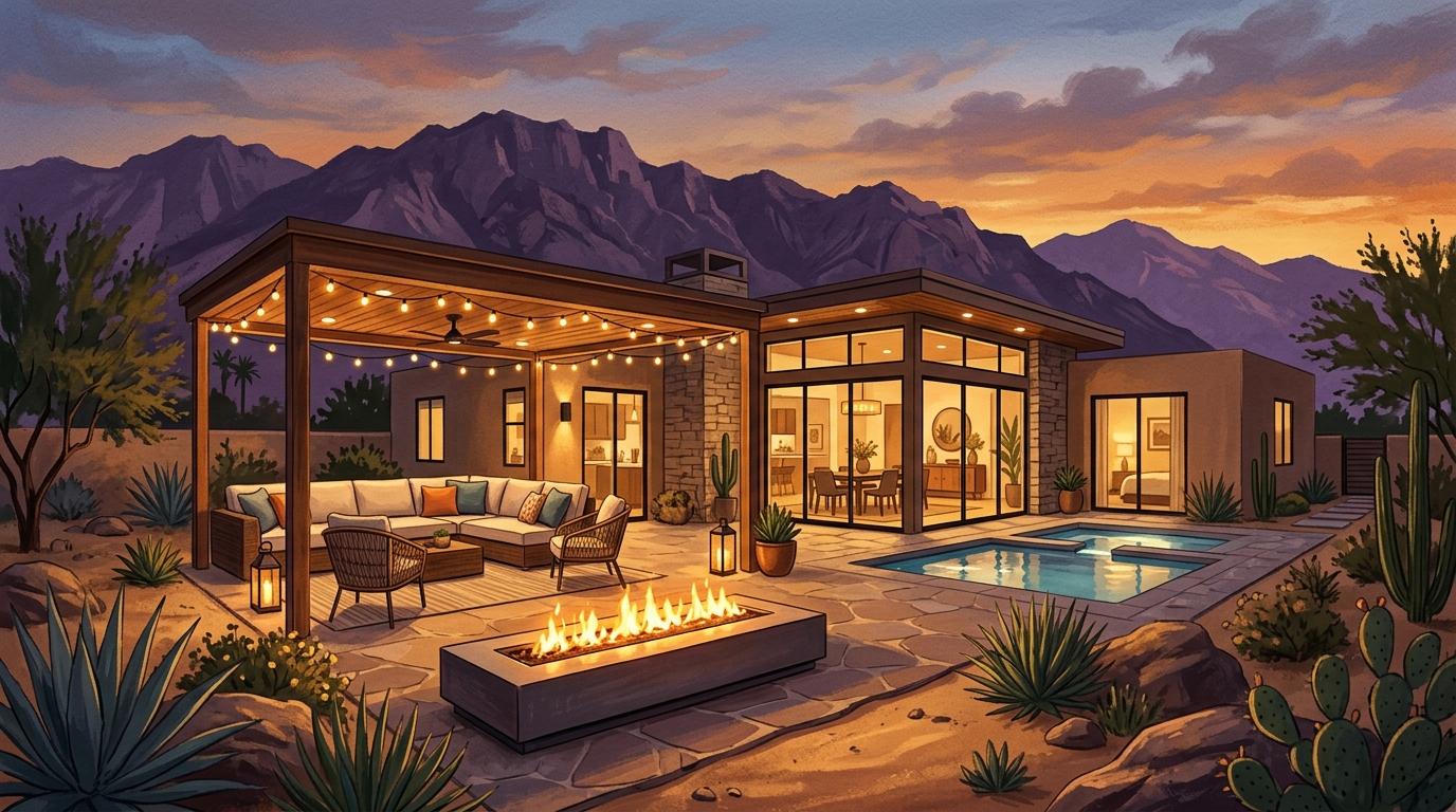 Artistic interpretation of Coachella Valley desert living with covered California Room and mountain views at twilight