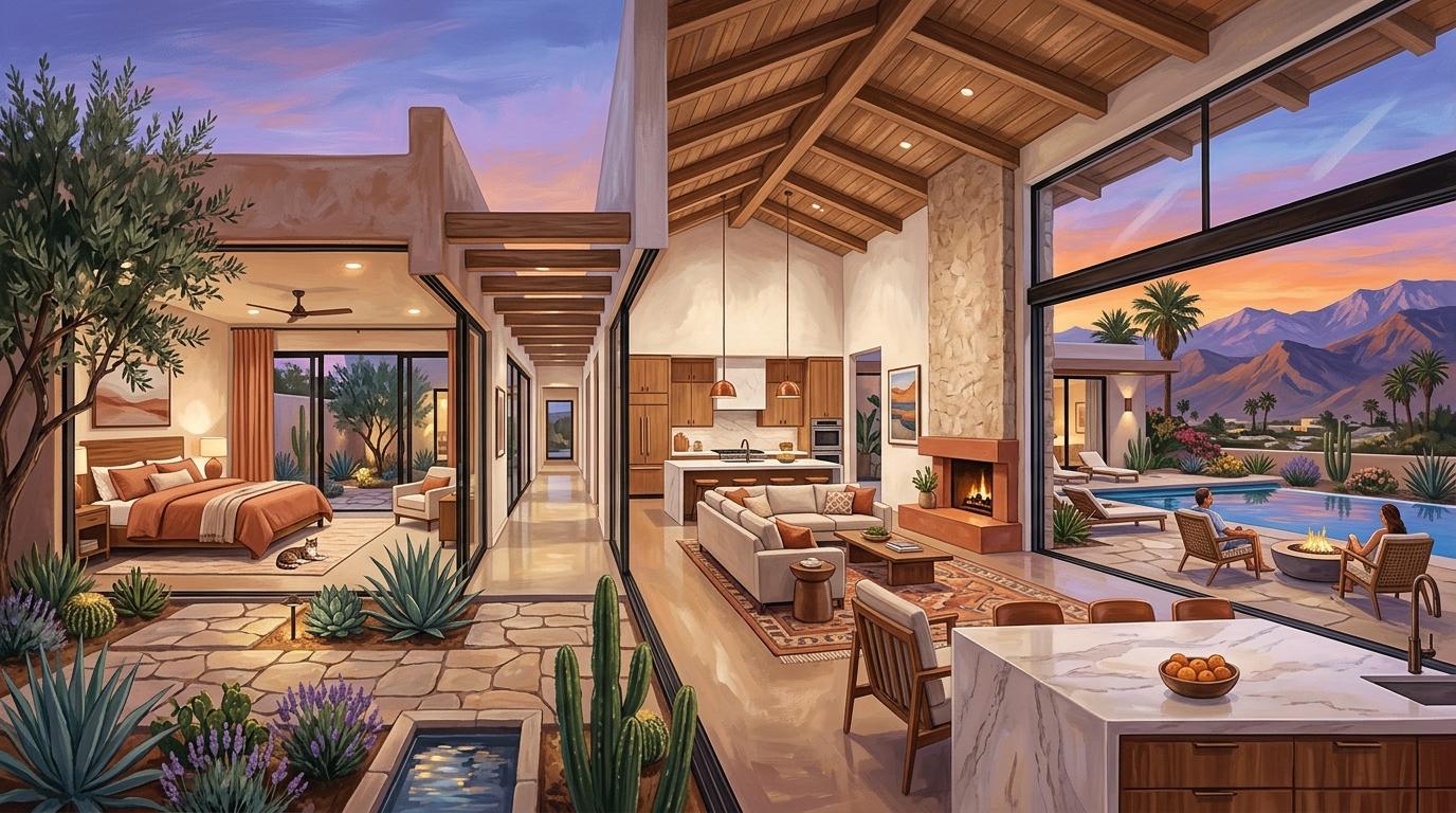 Artistic architectural cutaway rendering of a modern desert home with a split-wing multi-gen layout, private in-law suite, and open great room