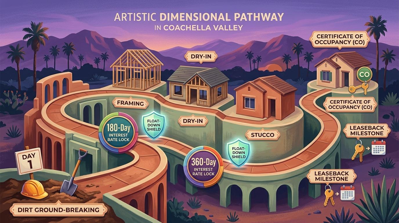 Artistic financial mortgage and construction timeline infographic illustration showing ground-breaking, framing, dry-in, stucco, extended rate locks, and certificate of occupancy