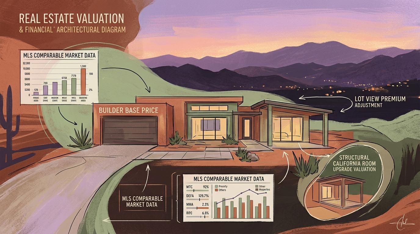 Artistic real estate valuation infographic and financial architectural diagram illustrating builder base price, lot view premiums, and MLS comparable market data