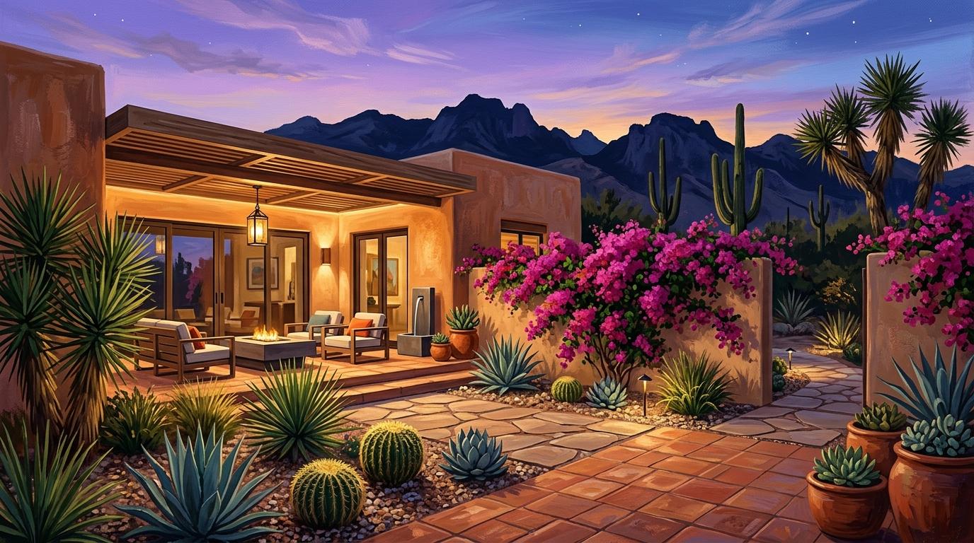 Artistic desert landscape illumination scene featuring pathway lights, native agaves, golden barrel cacti, and covered patio downlighting