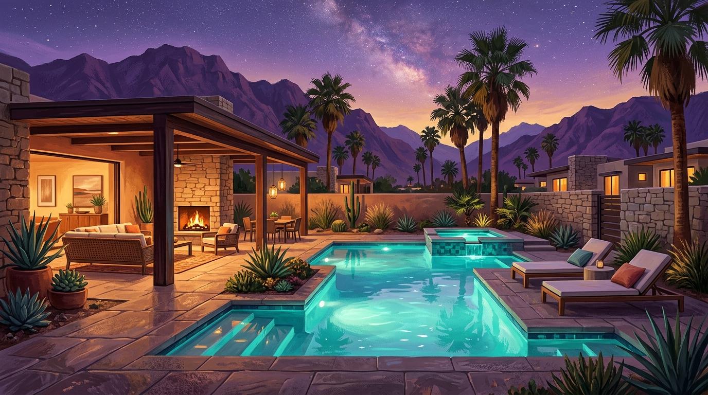 Artistic twilight poolside scene with modern covered California Room patio at The Collection at Sage in Palm Desert