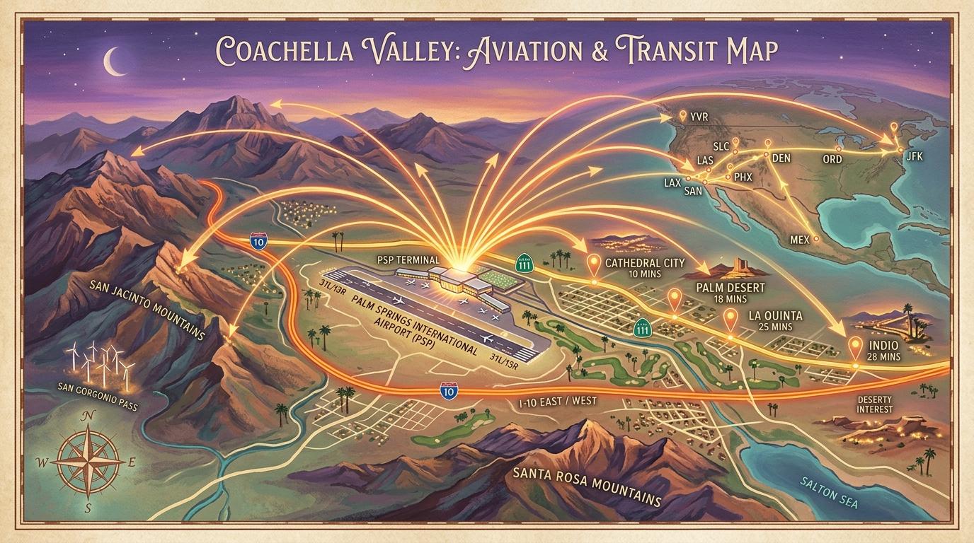 Artistic regional aviation and transit map of the Coachella Valley showing PSP direct flight paths and highway drive times