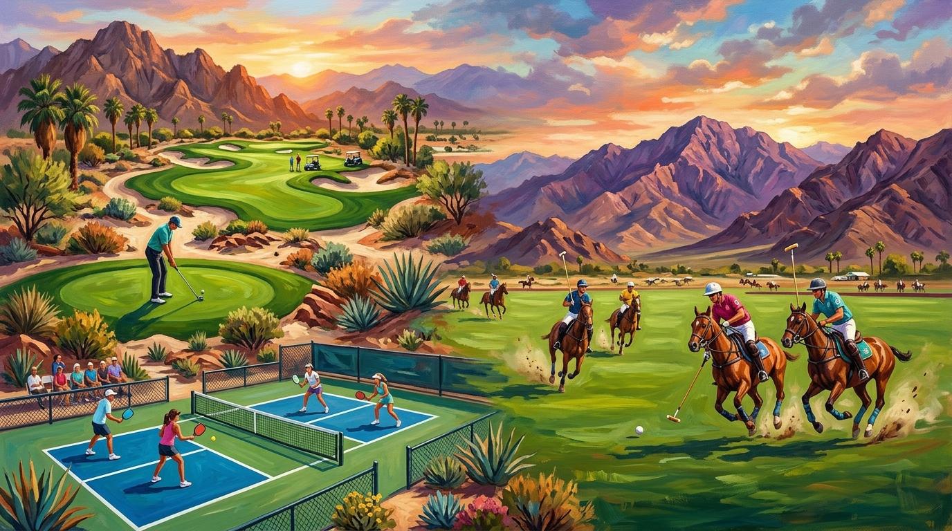 Artistic desert recreation scene showcasing active sports, pickleball courts, championship golf fairways, and equestrian polo grounds against mountain vistas
