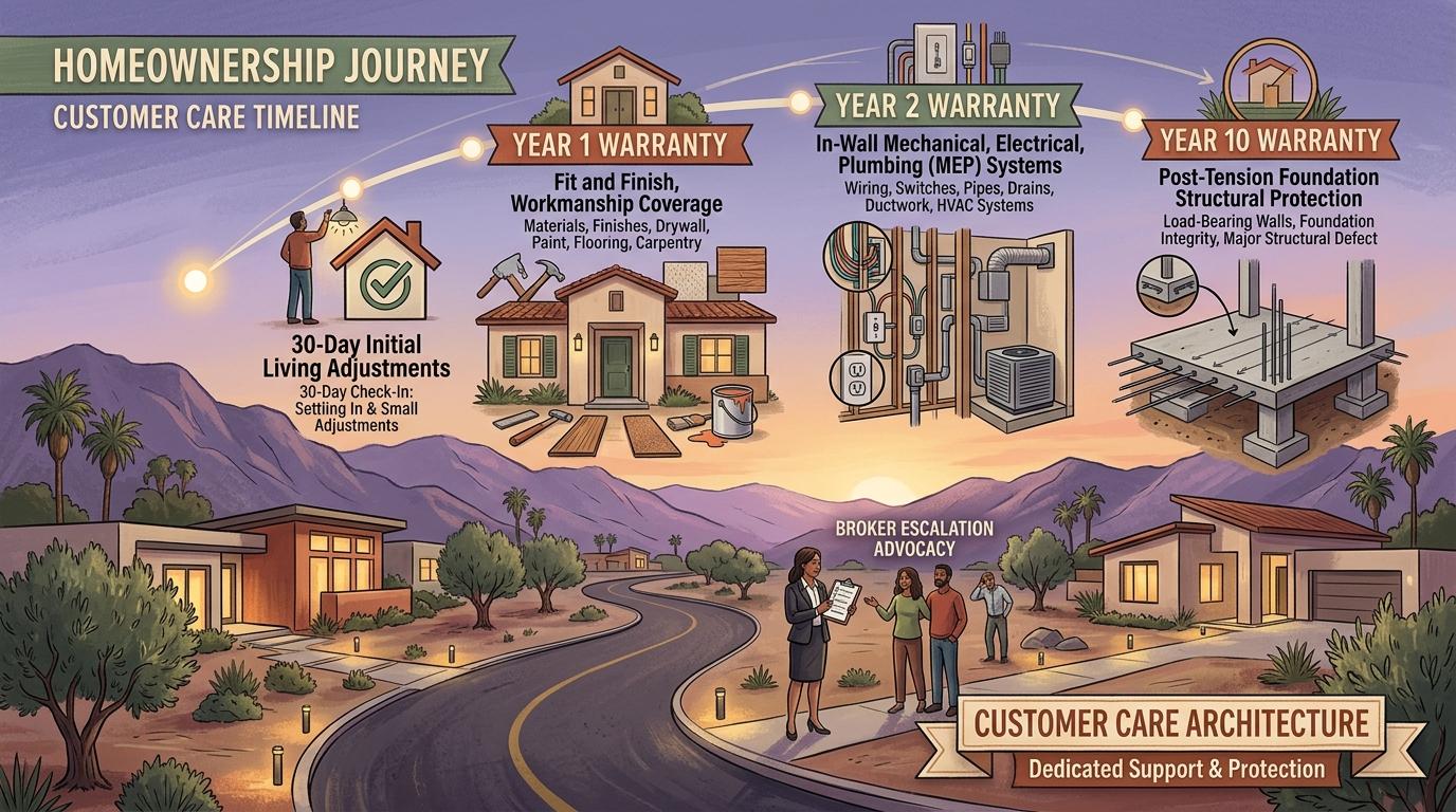 Artistic diagram illustrating the 1-2-10 year builder warranty timeline and homeowner customer care architecture