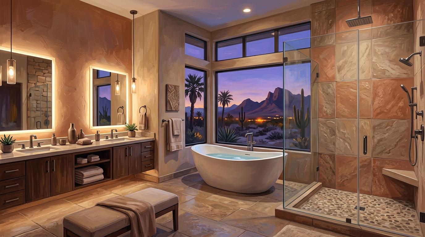 Artistic luxury spa en-suite bathroom in a modern desert home with freestanding soaking tub, frameless glass shower, and backlit quartz vanities