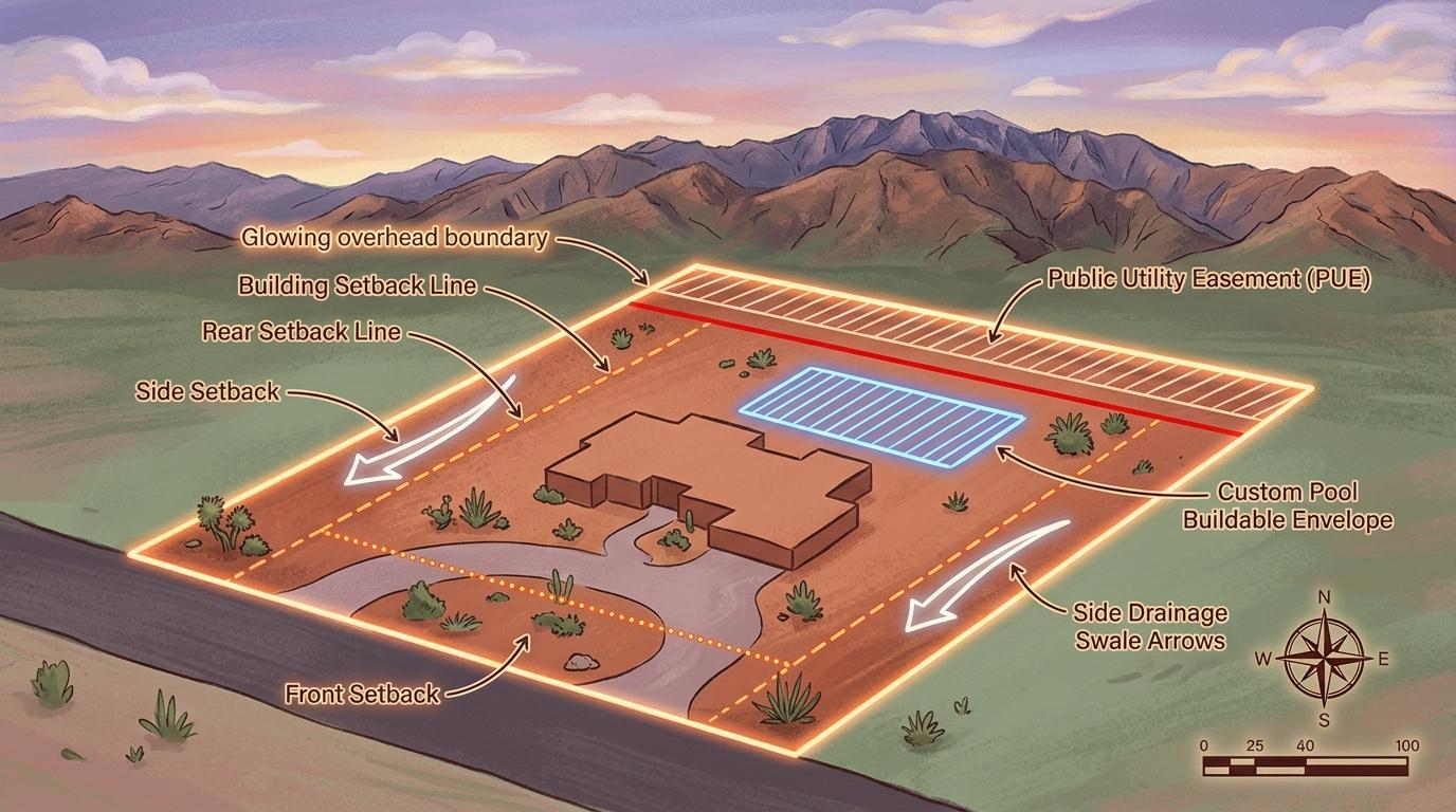 Artistic civil engineering plot diagram illustrating property boundary lines, setbacks, PUE easement, pool buildable envelope, and drainage swales