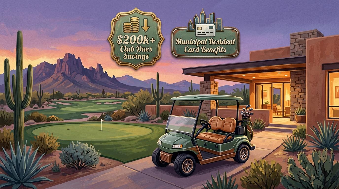 Artistic desert golf lifestyle illustration showing custom golf cart, covered California Room, and financial freedom resident card badges at twilight