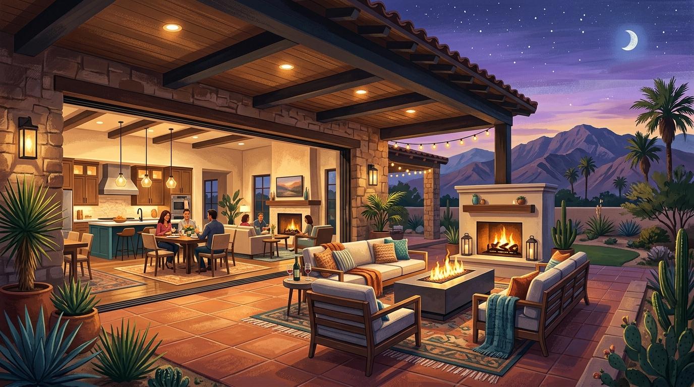 Artistic desert living scene featuring covered California room and outdoor lounge at twilight in La Quinta