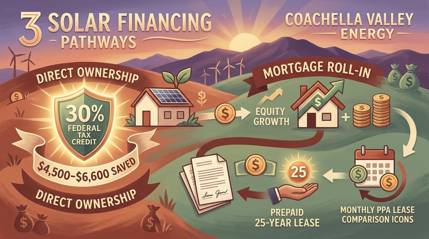 Artistic solar energy and financial investment infographic diagram illustrating direct ownership, 30% tax credit, mortgage roll-in, and prepaid lease comparison