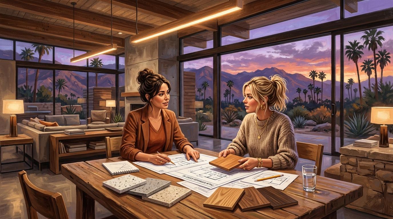 Artistic design consultation scene showing broker and homebuyer reviewing blueprints and finish samples in sales pavilion at twilight