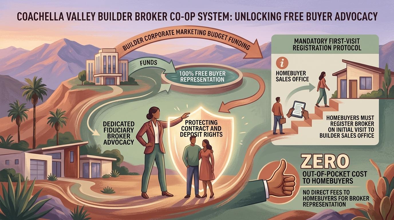 Artistic diagram illustrating the builder broker co-op system, fiduciary representation divide, and mandatory first-visit registration rule