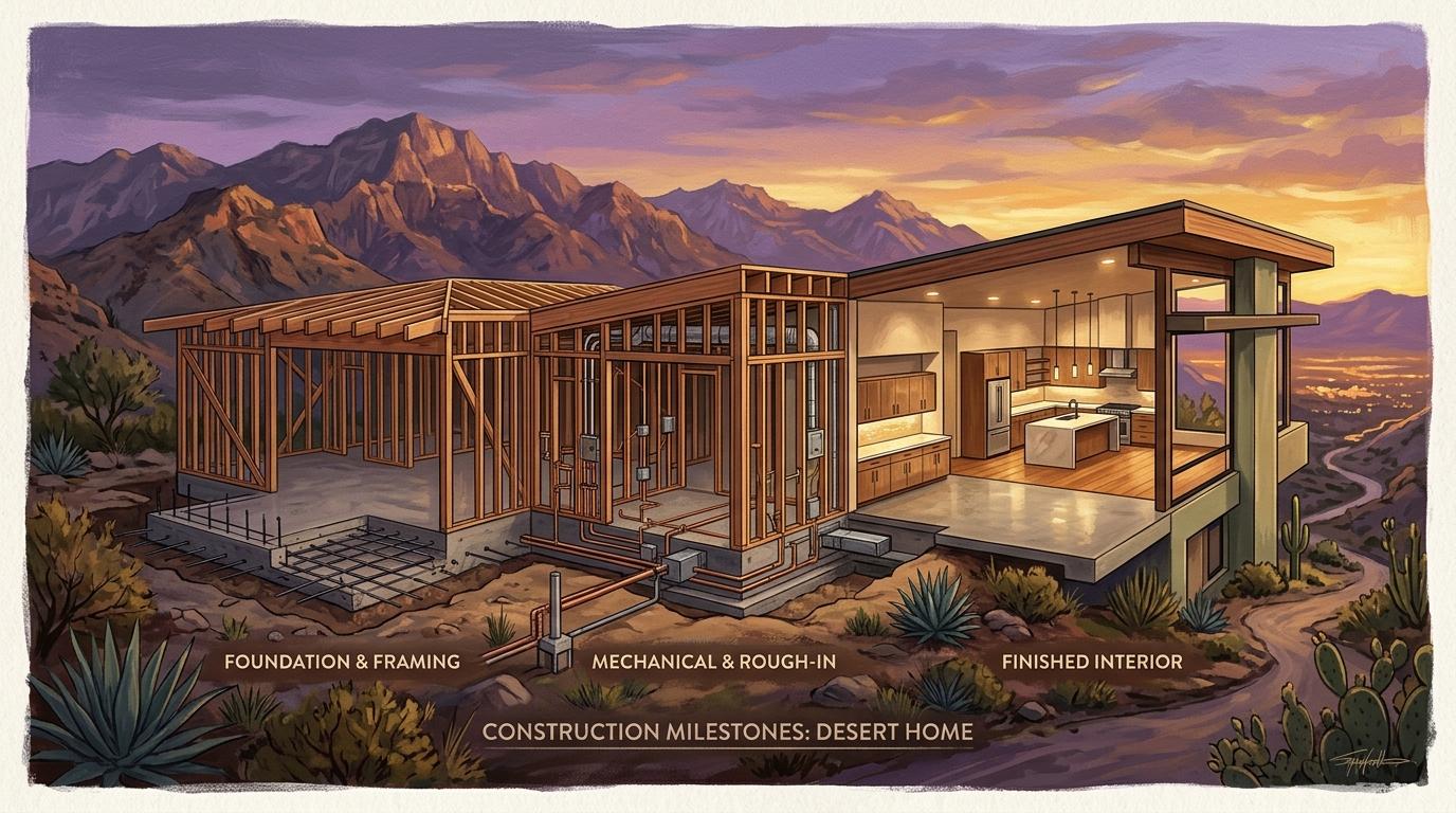 Artistic construction milestone cutaway diagram showing foundation slab, framing MEP rough-in, and finished interior stages