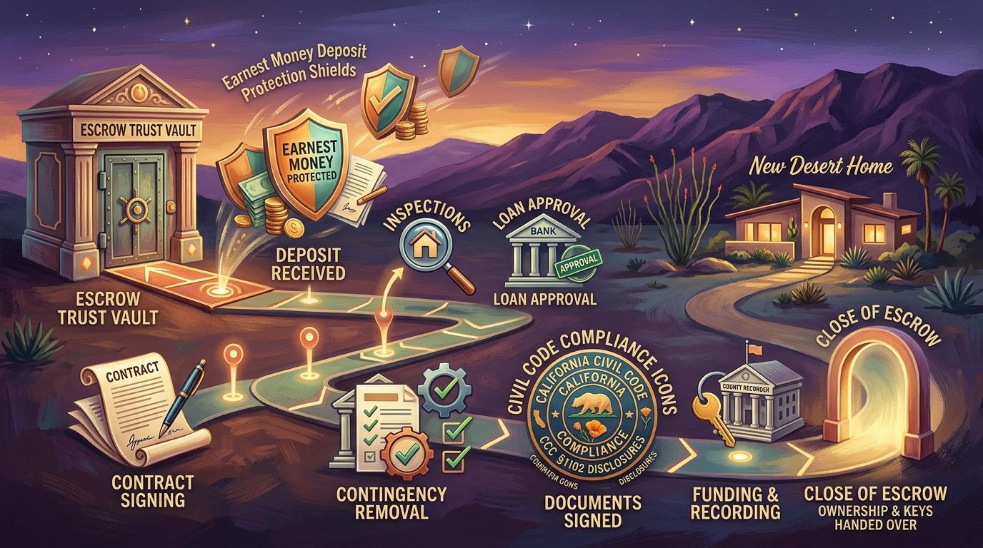 Artistic legal contract and financial escrow timeline illustration showing escrow trust vault, deposit protection shields, and California Civil Code compliance