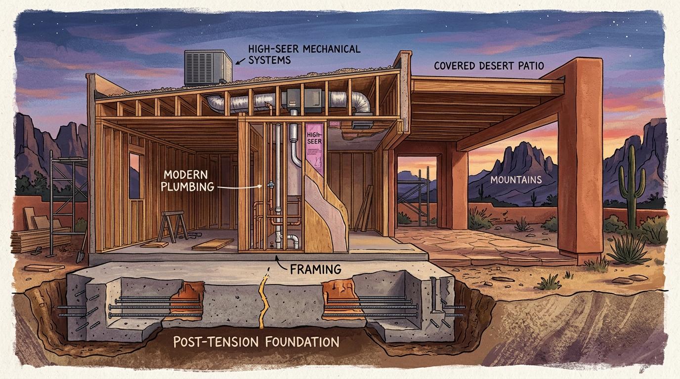 Artistic architectural cutaway of modern desert home construction showing warranty-protected foundation, framing, and mechanical systems
