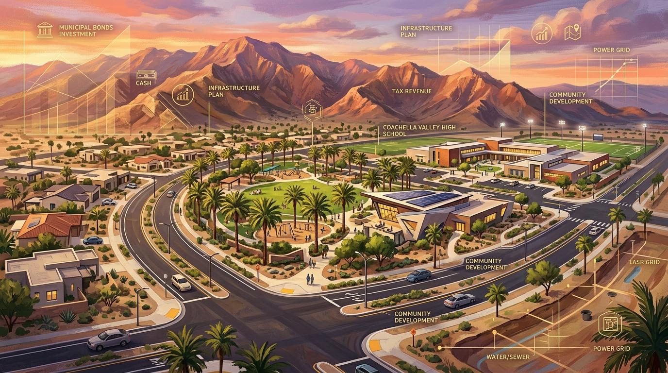 Artistic architectural concept illustration of Coachella Valley community infrastructure funded by municipal bonds and CFD taxes