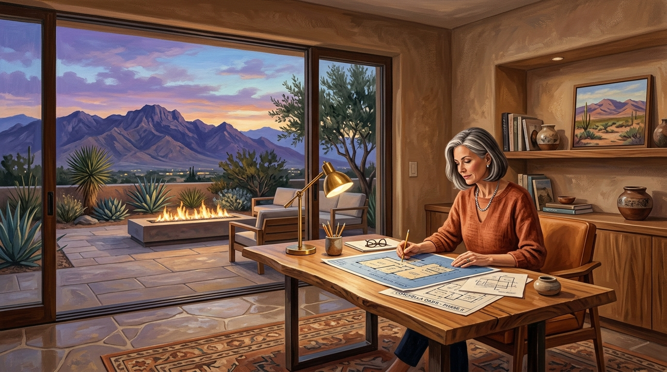 Artistic interpretation of reviewing builder contracts and architectural floorplans in a Coachella Valley desert home