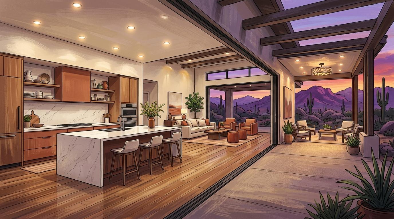 Artistic interior perspective of a luxury gourmet desert kitchen with quartz waterfall island and sliding doors to covered California Room