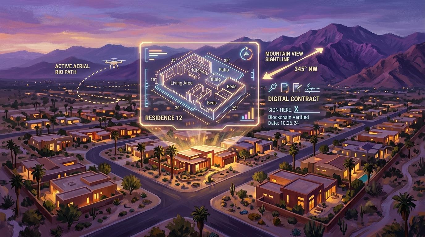 Artistic digital real estate technology illustration with 3D floor plan holographic overlay, aerial drone view, and mountain sightlines at twilight