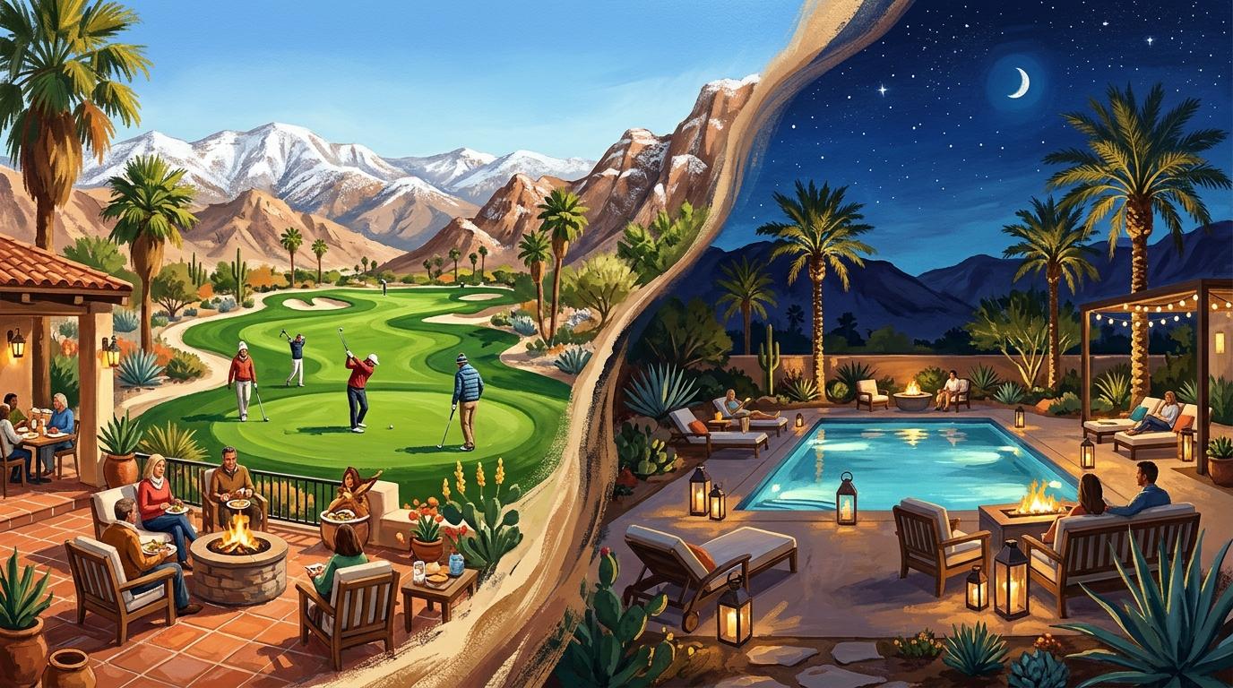 Artistic dual-season desert lifestyle illustration contrasting winter morning golf with summer twilight poolside lounge