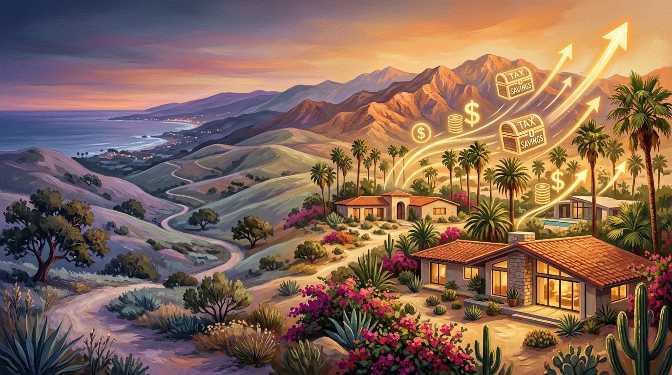 Artistic conceptual illustration showing California real estate transition from coastal hills to sun-drenched Coachella Valley desert oasis with tax savings graphics