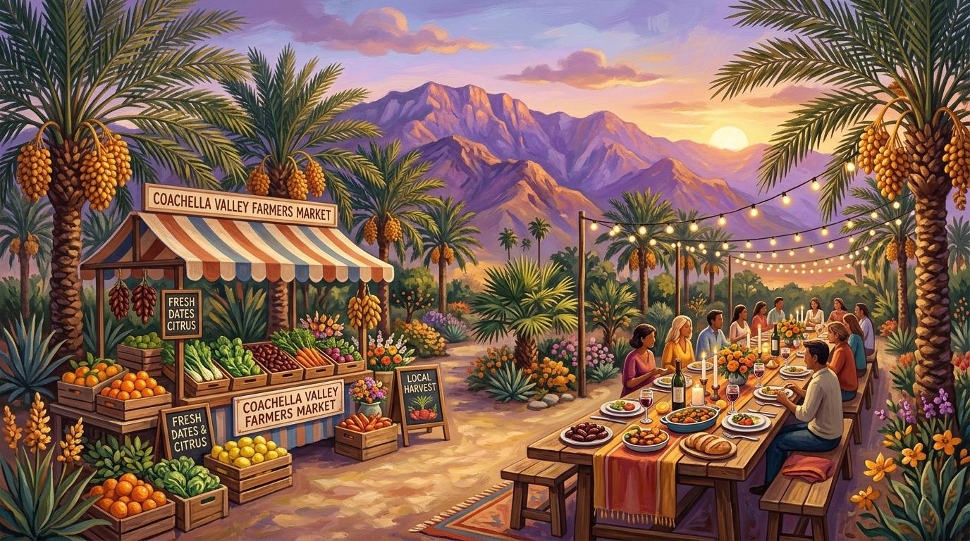 Artistic farm-to-table desert landscape illustration with Indio date palms, farmers market stand, and al fresco dining table