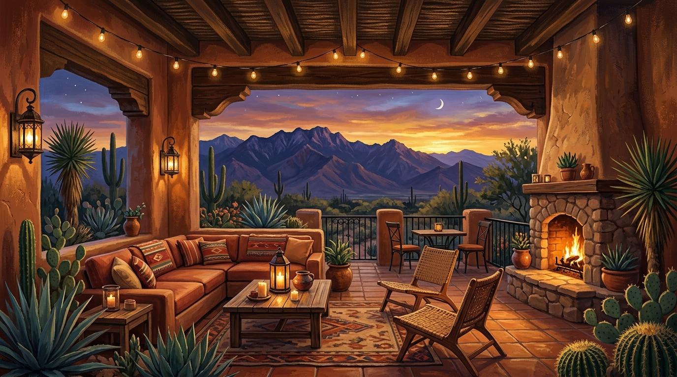 Artistic architectural rendering of an expansive covered California Room overlooking desert twilight mountain vistas