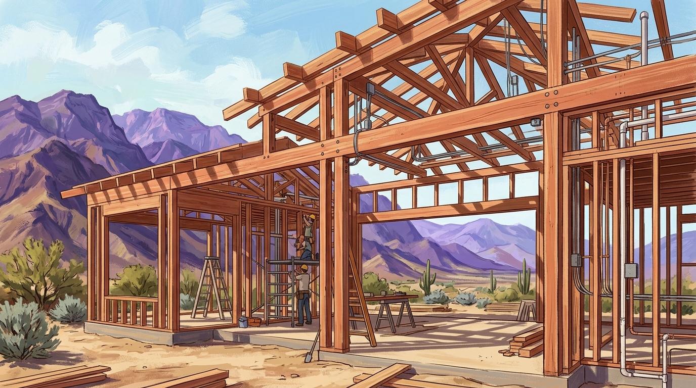 Artistic architectural construction milestone illustration of a desert new home during the pre-drywall framing phase with mountain views