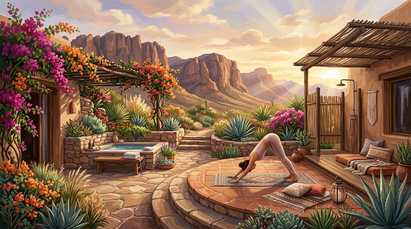 Artistic rendering of a serene desert wellness patio with yoga terrace, spa, and mountain vistas