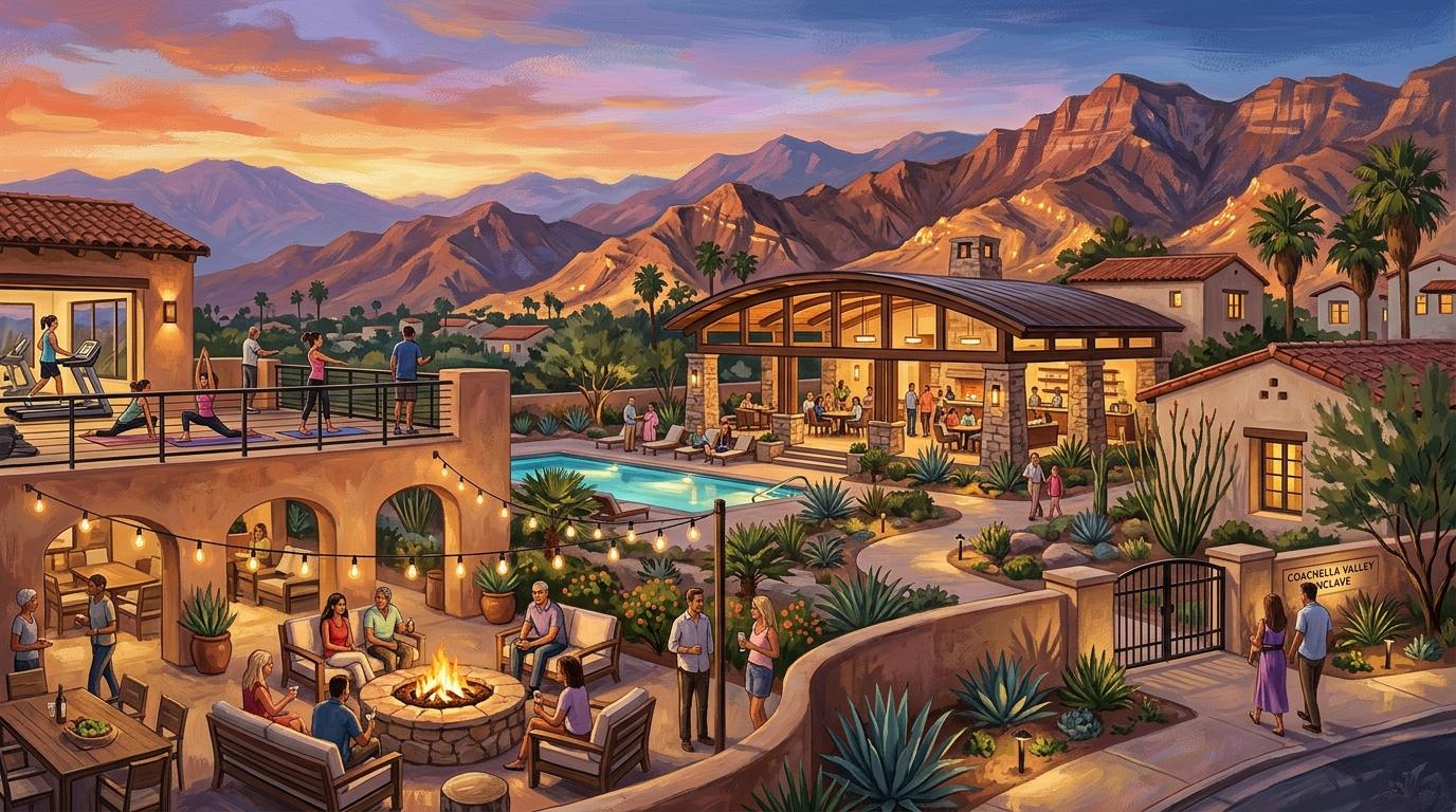 Artistic rendering of a modern gated community resort pavilion and fitness terrace with mountain sunset vistas