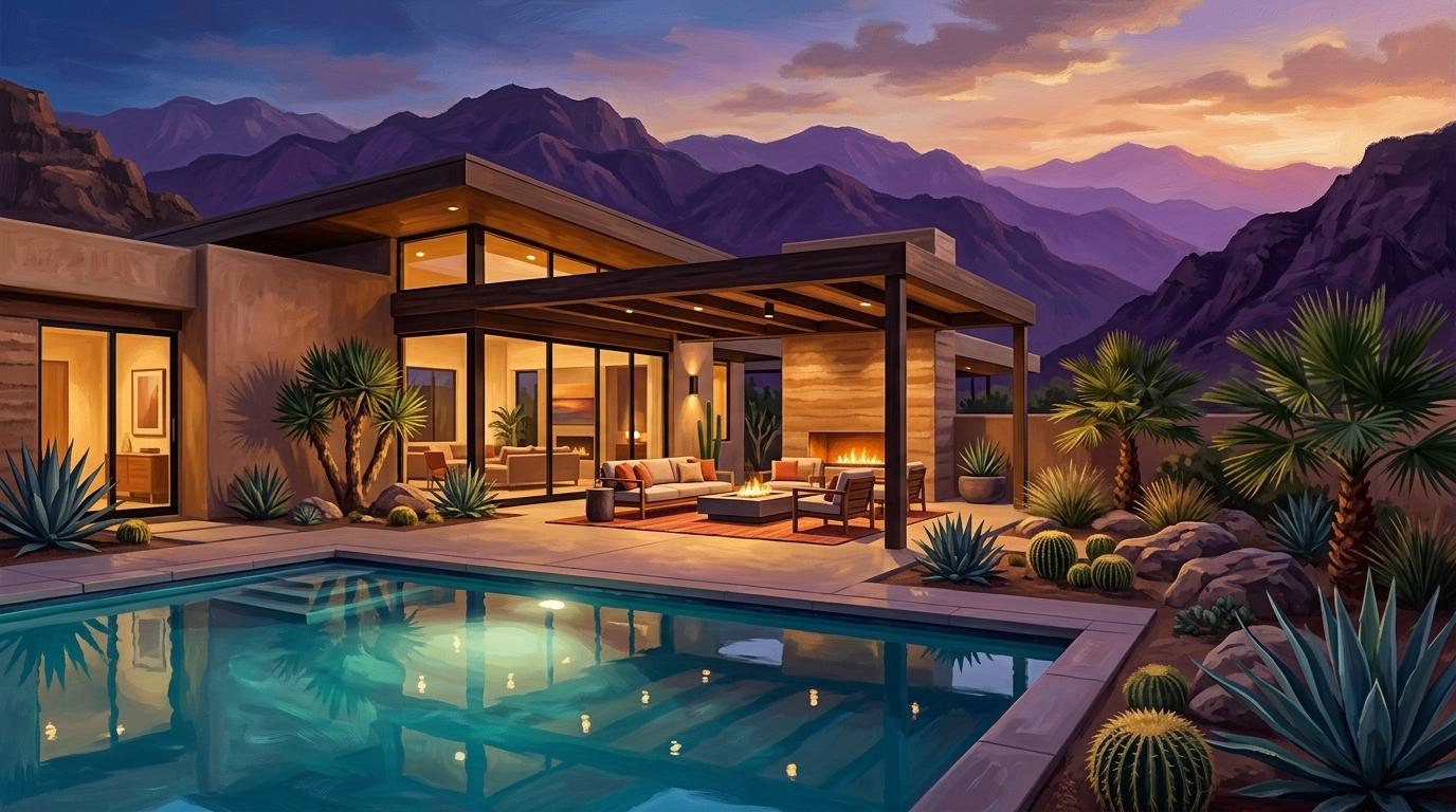Artistic interpretation of luxury desert indoor-outdoor living with covered California room, glowing fireplace, and mountain views